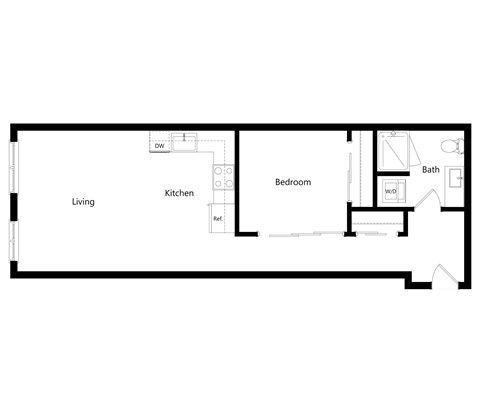 Floor plan for 1 bed, 1 bath, 678 sqft